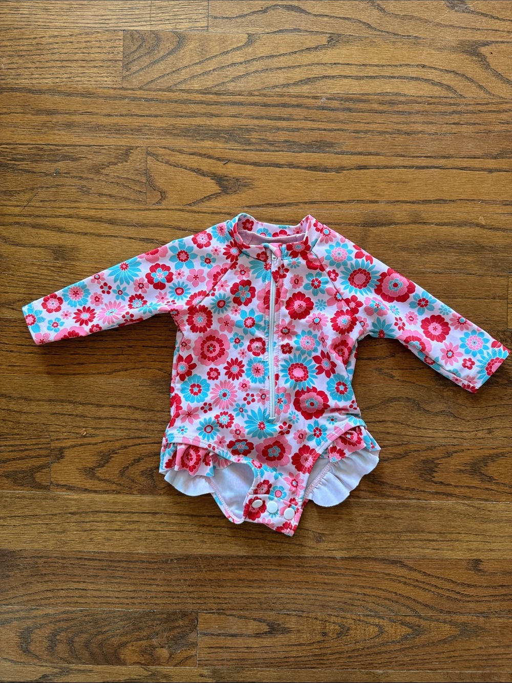 SHEIN Pink Red Blue Floral Long-Sleeve Rashguard Infant Swimsuit size 0-1M